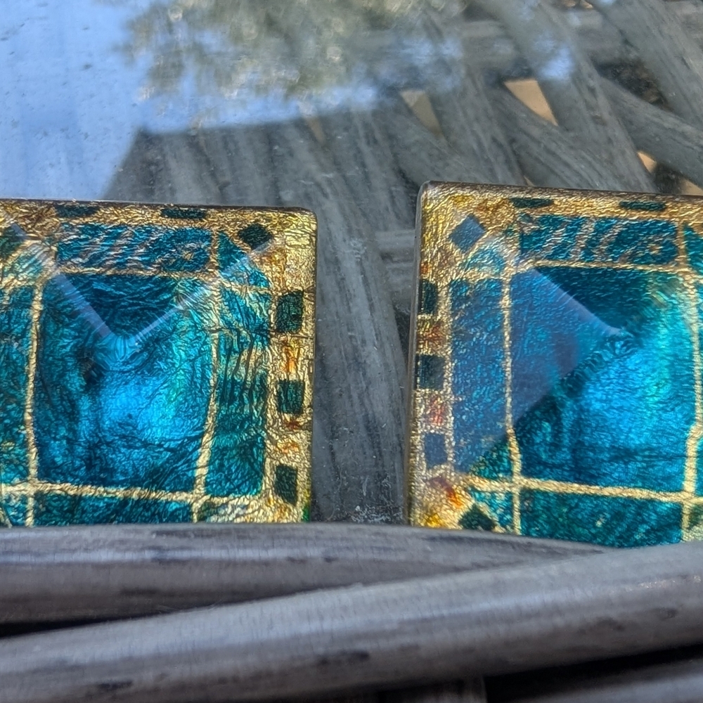 Square Gold Blue Irridiscent Met Museum Art Mosaic Square Pierced Earrings